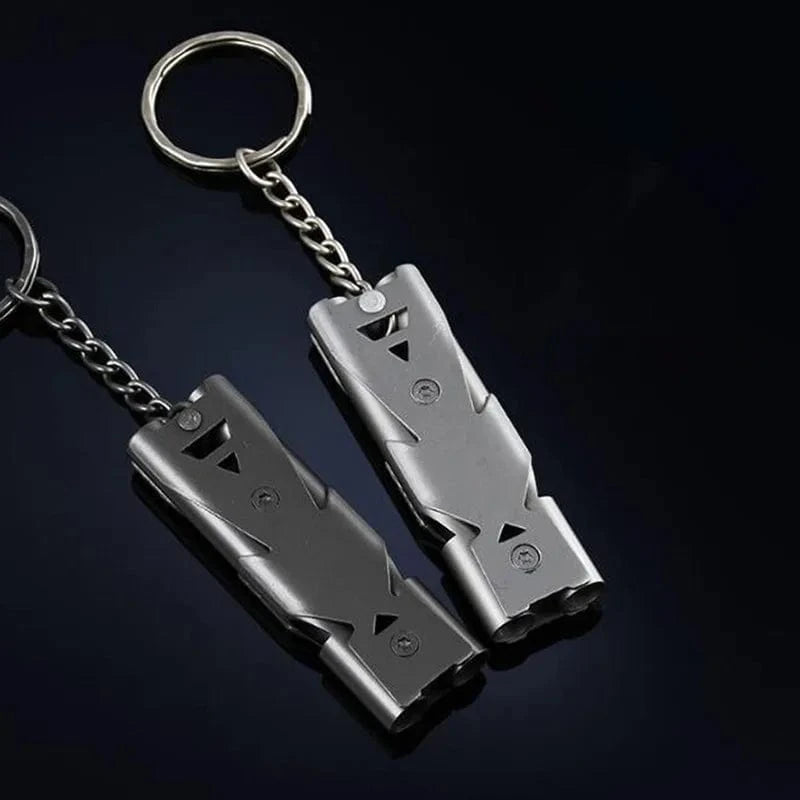 Outdoor High Decibel Portable Keychain Whistle Stainless Steel Double Pipe Emergency Survival Whistle Multifunction Tools