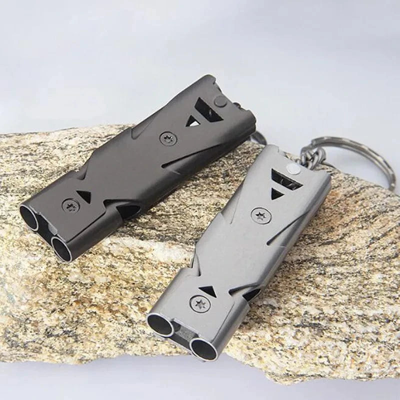 Outdoor High Decibel Portable Keychain Whistle Stainless Steel Double Pipe Emergency Survival Whistle Multifunction Tools