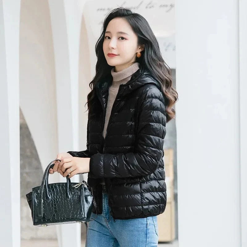 Winter Women's Light Down Hooded Jacket,Red Blue Khaki Green Available,European Size S-XXL,Women Coats Black / S