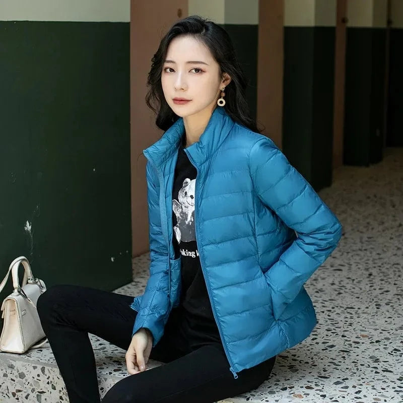 Winter Women's Light Down Hooded Jacket,Red Blue Khaki Green Available,European Size S-XXL,Women Coats Collar Lake Blue / S