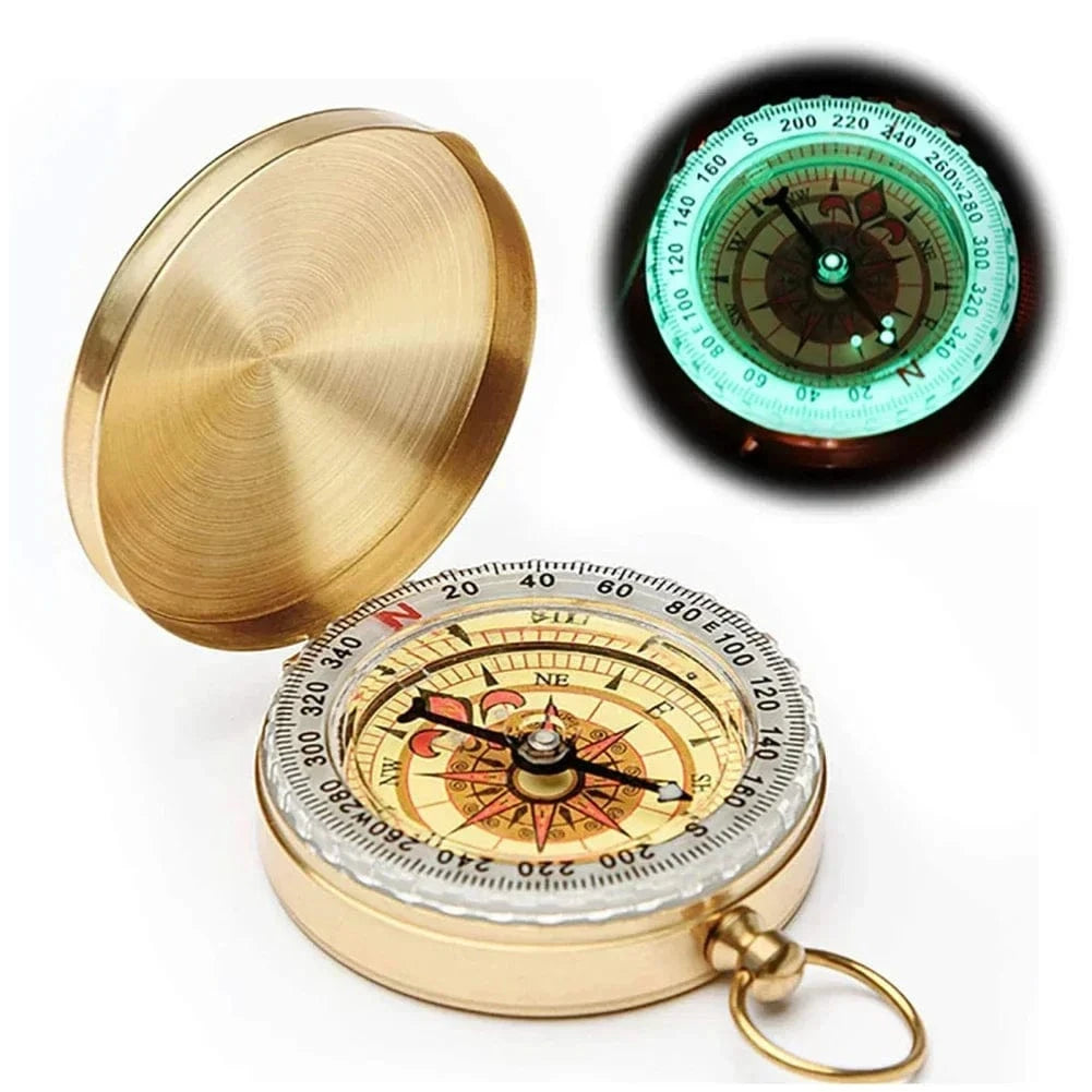 G50 Camping Compass Pure Copper Pocket Watch Multifunctional Covered Luminous Retro Flip Cover Compass Outdoor Hiking Navigation Gold