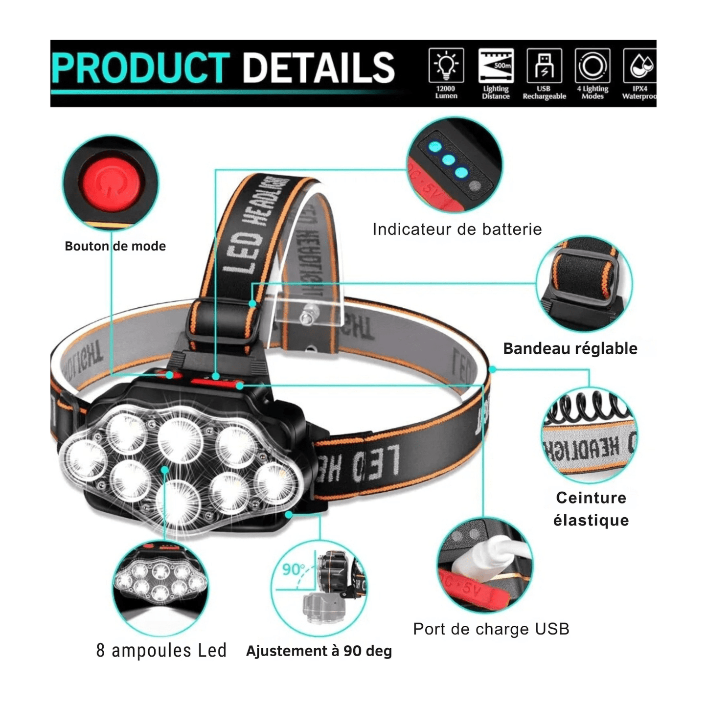 lampe frontale randonnée Noir