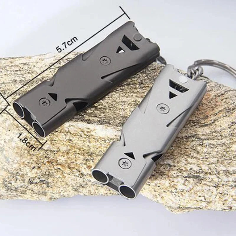 Outdoor High Decibel Portable Keychain Whistle Stainless Steel Double Pipe Emergency Survival Whistle Multifunction Tools