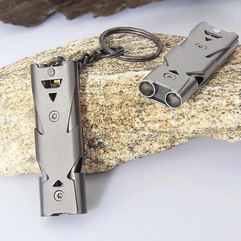 Outdoor High Decibel Portable Keychain Whistle Stainless Steel Double Pipe Emergency Survival Whistle Multifunction Tools