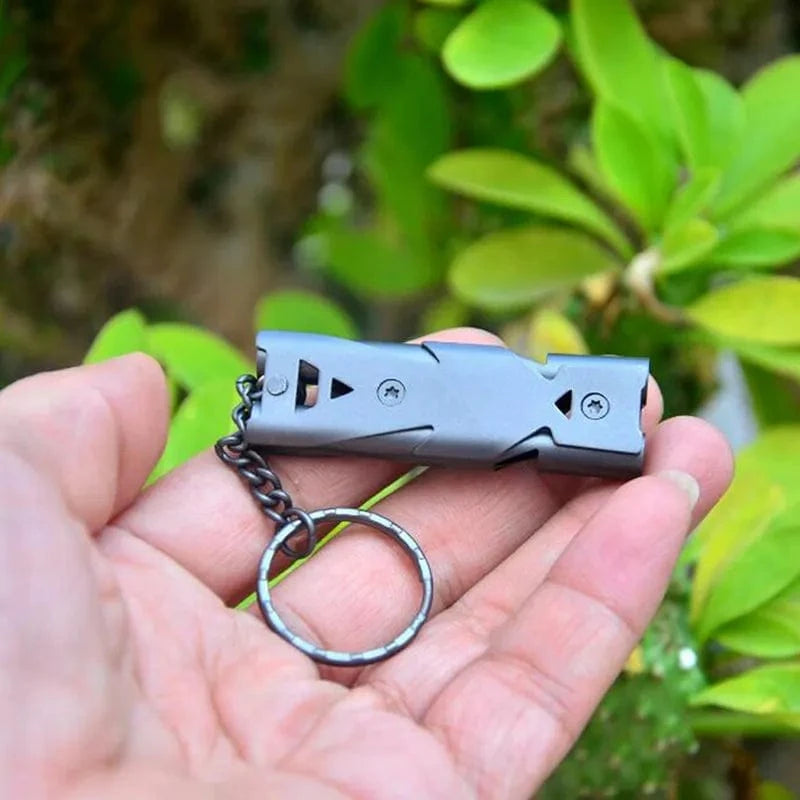 Outdoor High Decibel Portable Keychain Whistle Stainless Steel Double Pipe Emergency Survival Whistle Multifunction Tools