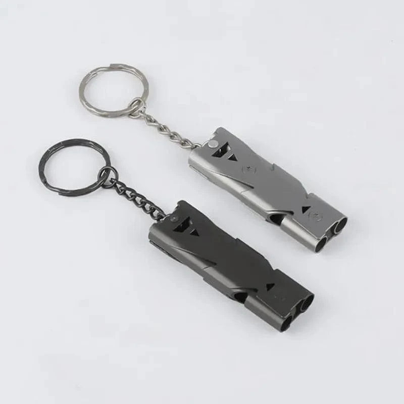 Outdoor High Decibel Portable Keychain Whistle Stainless Steel Double Pipe Emergency Survival Whistle Multifunction Tools