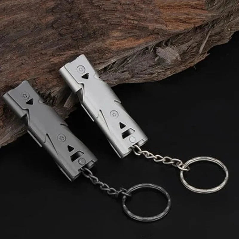 Outdoor High Decibel Portable Keychain Whistle Stainless Steel Double Pipe Emergency Survival Whistle Multifunction Tools