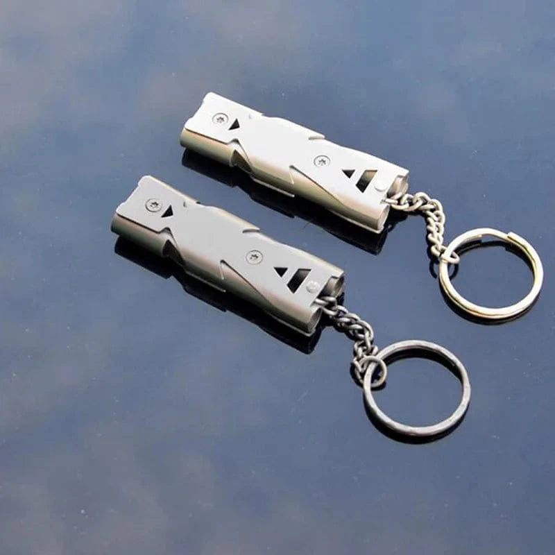 Outdoor High Decibel Portable Keychain Whistle Stainless Steel Double Pipe Emergency Survival Whistle Multifunction Tools
