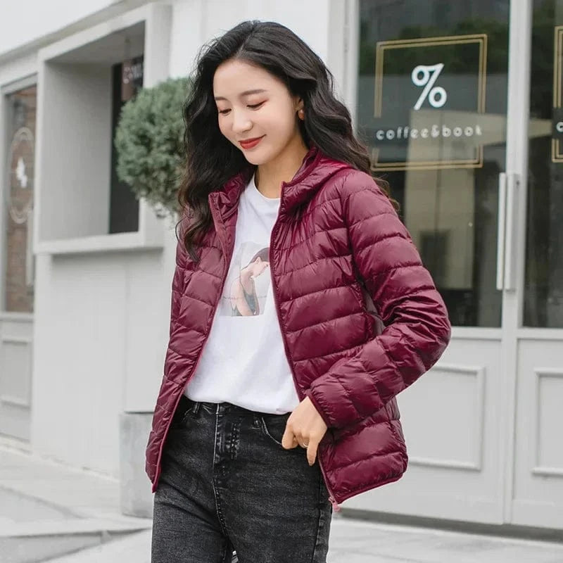 Winter Women's Light Down Hooded Jacket,Red Blue Khaki Green Available,European Size S-XXL,Women Coats Burgundy / XXL
