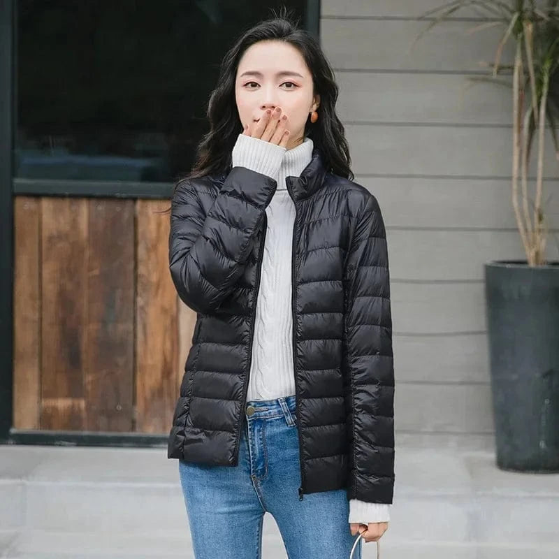 Winter Women's Light Down Hooded Jacket,Red Blue Khaki Green Available,European Size S-XXL,Women Coats Collar Black / XL