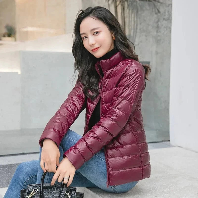 Winter Women's Light Down Hooded Jacket,Red Blue Khaki Green Available,European Size S-XXL,Women Coats Collar Burgundy / L