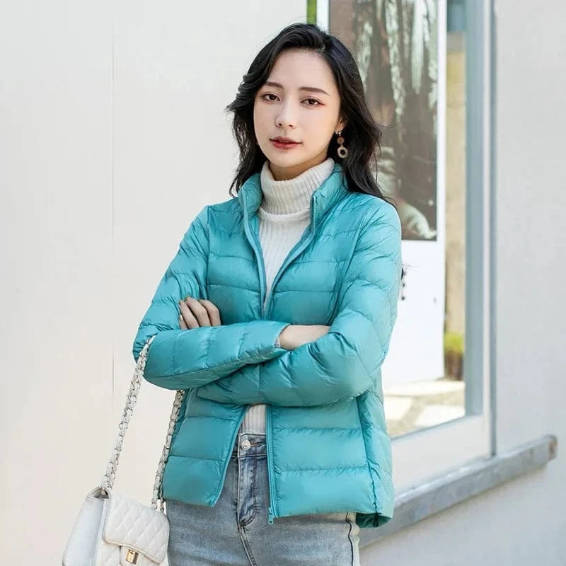 Winter Women's Light Down Hooded Jacket,Red Blue Khaki Green Available,European Size S-XXL,Women Coats Collar Green / S
