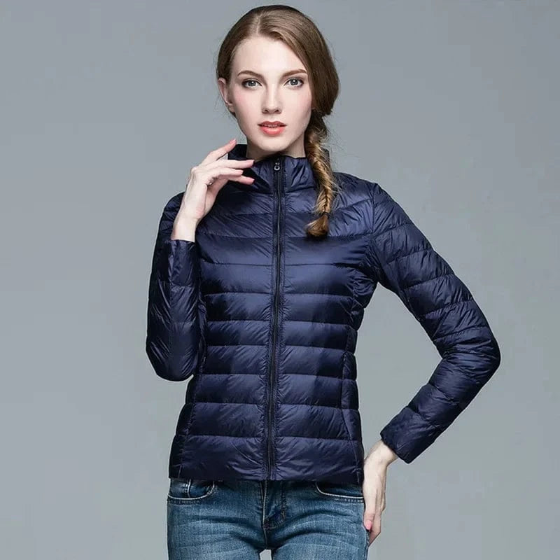 Winter Women's Light Down Hooded Jacket,Red Blue Khaki Green Available,European Size S-XXL,Women Coats Collar Navy / S