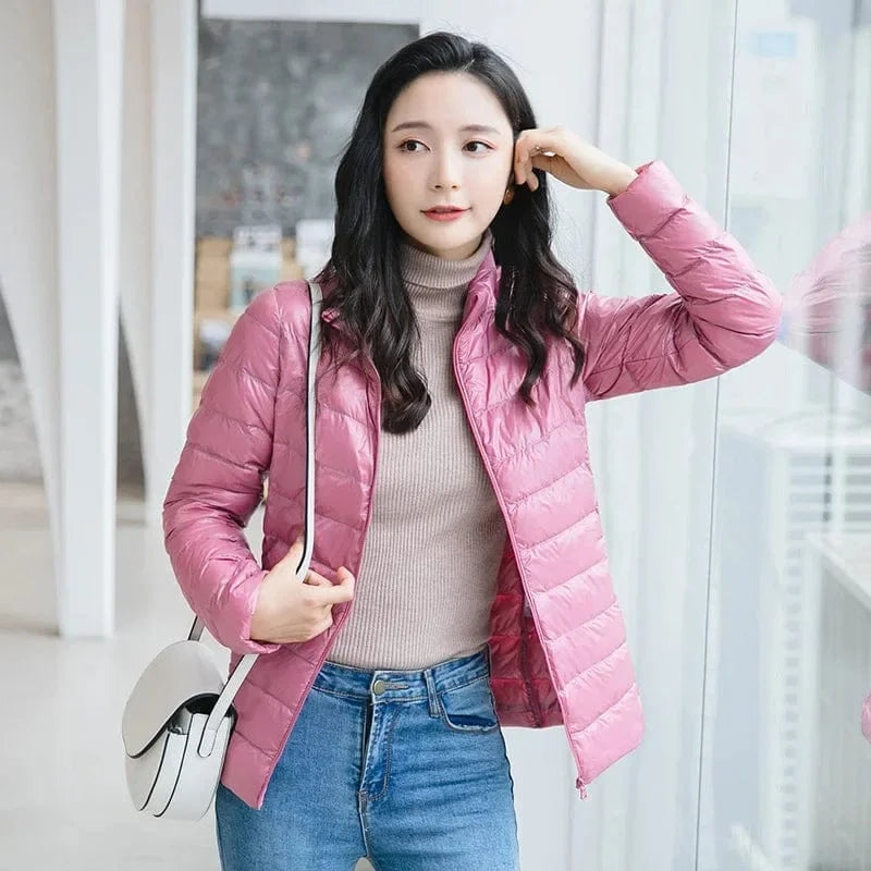 Winter Women's Light Down Hooded Jacket,Red Blue Khaki Green Available,European Size S-XXL,Women Coats Collar Pink / M