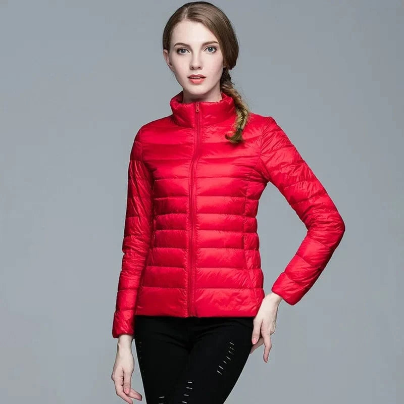 Winter Women's Light Down Hooded Jacket,Red Blue Khaki Green Available,European Size S-XXL,Women Coats Collar Red / L