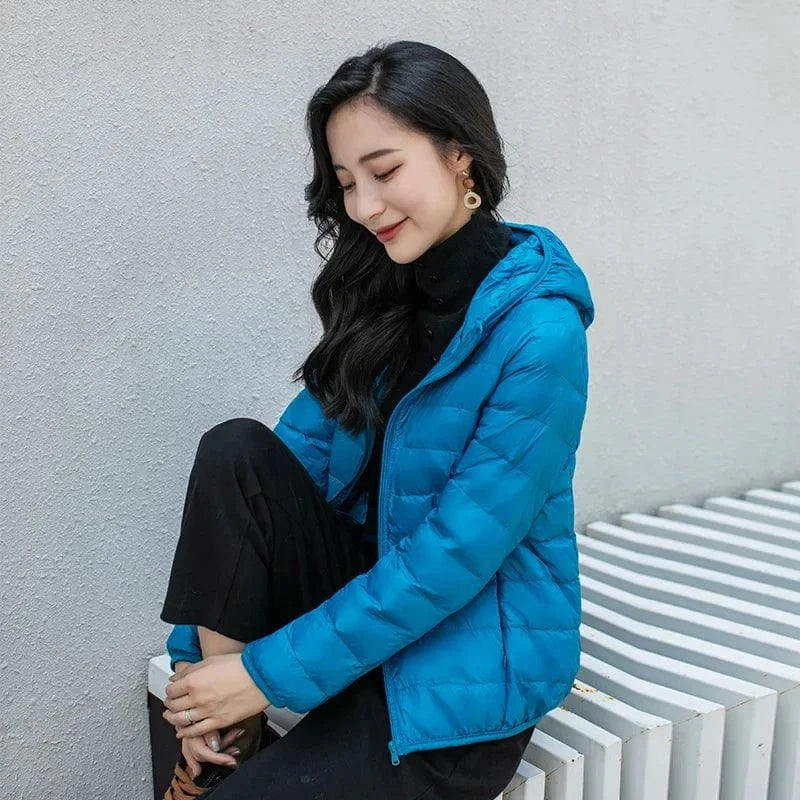 Winter Women's Light Down Hooded Jacket,Red Blue Khaki Green Available,European Size S-XXL,Women Coats Lake Blue / XL