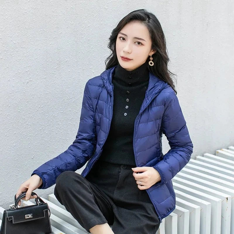 Winter Women's Light Down Hooded Jacket,Red Blue Khaki Green Available,European Size S-XXL,Women Coats Navy / S