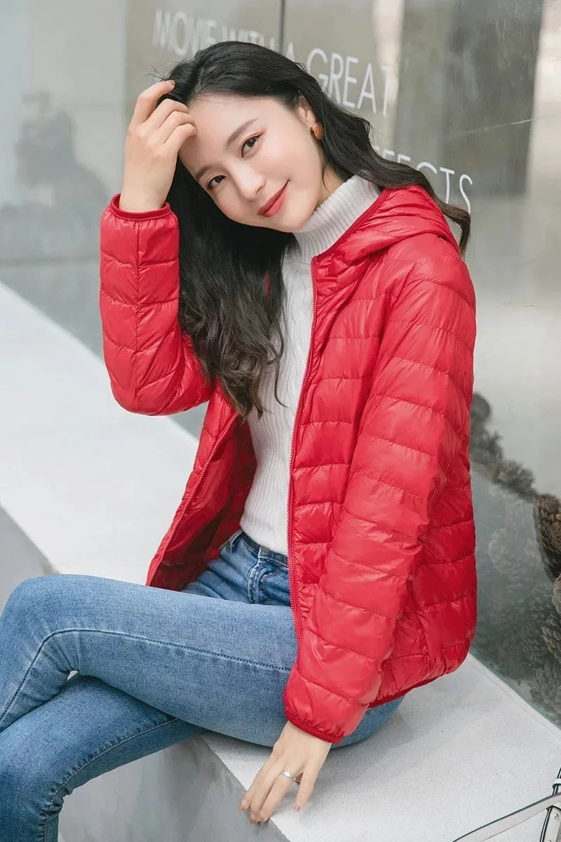 Winter Women's Light Down Hooded Jacket,Red Blue Khaki Green Available,European Size S-XXL,Women Coats Red / XXL